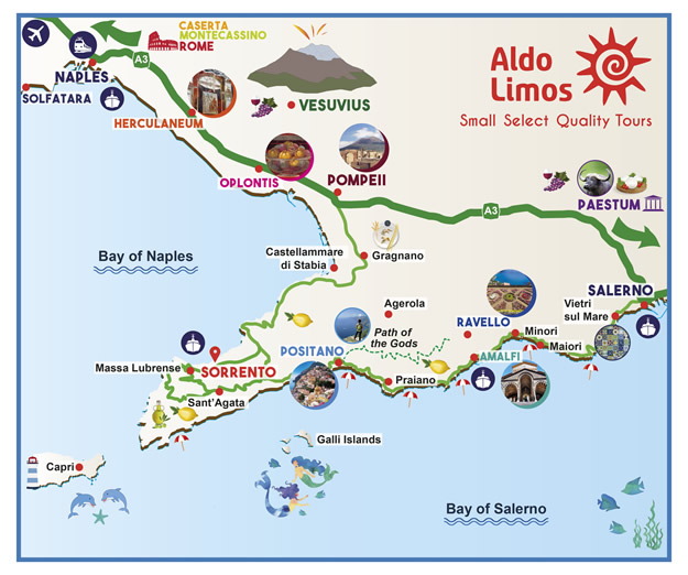 Map of Naples area, Amalfi coast and Sorrento peninsula